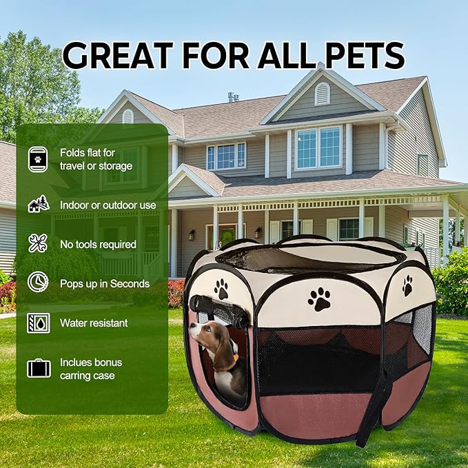 Pet Puppy Dog Playpen Portable, 27” Foldable Crate for Small Dog and Cat,Dog Kennel with Carry Bag, Pop Up Dog Playpen((Brown)
