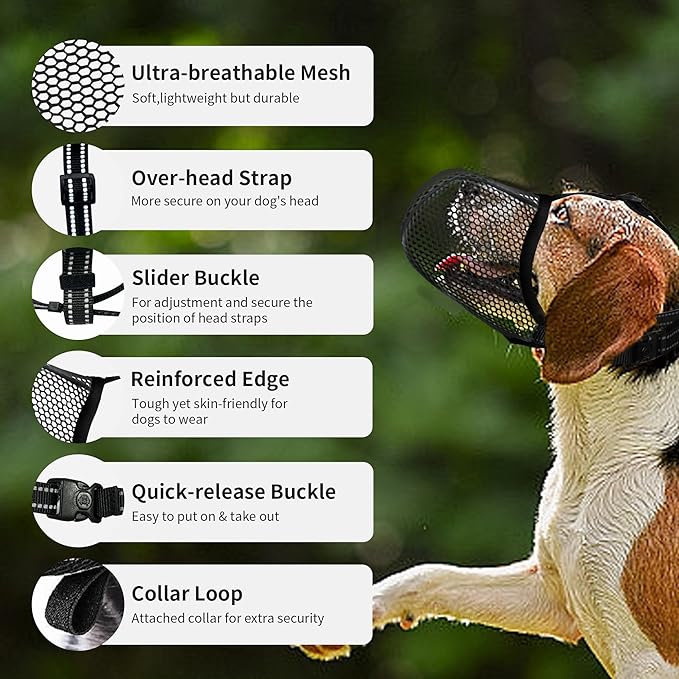Dog Muzzle, Breathable Soft Muzzle for Small to Medium Dogs to Anti & Prevent Barking Biting Chewing, Reflective & Adjustable Basket Muzzle with Air Mesh for Schnauzer Black M