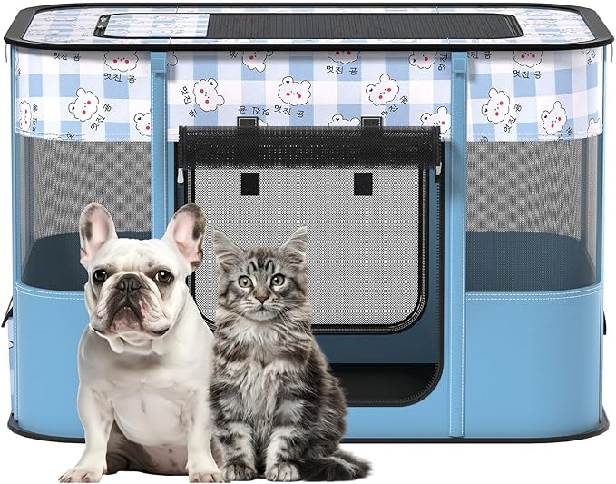 Portable Pet Playpen Cat Cages Indoor, 35.4" L x 27.6" W x 23.6" H Collapsible Dog Crates Made of 600D Oxford Material Tent Kennel Playpen for Dogs Cat and Rabbit Travel Dog Playpen Indoor (L, Blue)