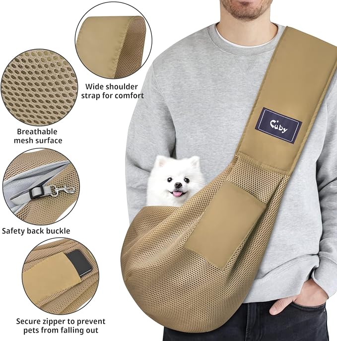 CUBY Dog and Cat Sling Carrier, Hands Free Reversible Pet Papoose Bag, Soft Pouch Adjustable, Suitable for Puppy Cats for Outdoor Travel (Khaki Mesh, one Size mesh)