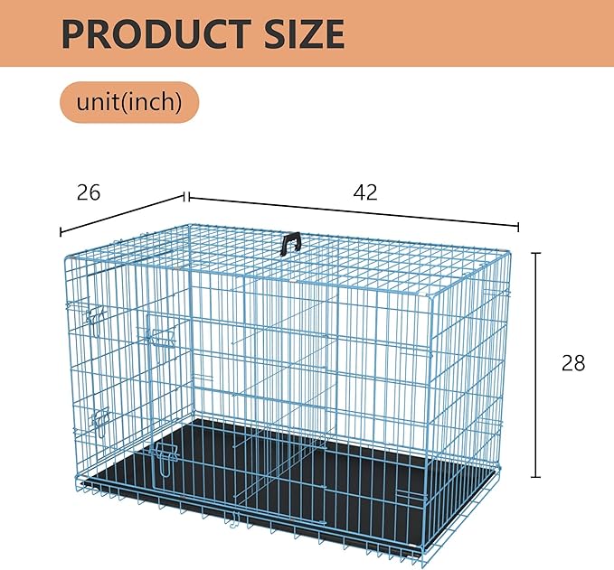 FDW XL Dog Crate Dog Kennel Cage with Double Door,42 inch Folding Metal Wire Dog Cage with Removable Tray&Divider Panel,Pet Crate for Medium Large Dogs,Blue