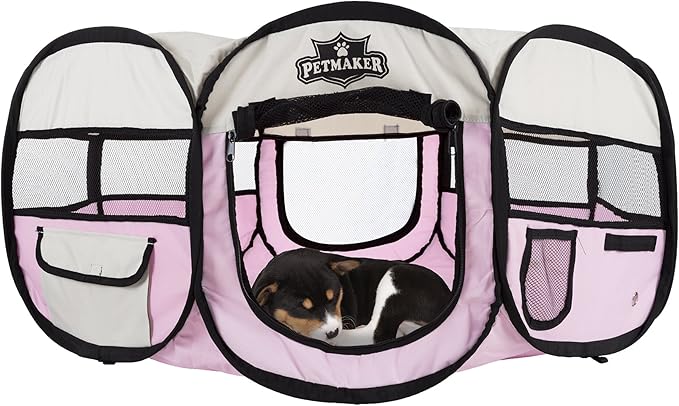 Portable Puppy Playpen - Small Pop-Up Play Yard for Pets Up to 25lbs with Mesh Windows, 2 Pockets, Zippered Roof, and Carry Bag by PETMAKER (Pink)