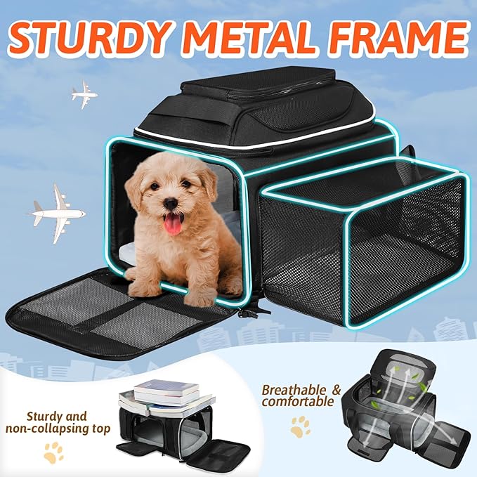 Petskd Top and Side Expandable Pet Carrier 18x13x9.5 Inches Southwest Allegiant Airline Approved, Soft-Sided Carrier for Small Cats and Dogs with Locking Safety Zippers and Anti-Scratch Mesh(Black)