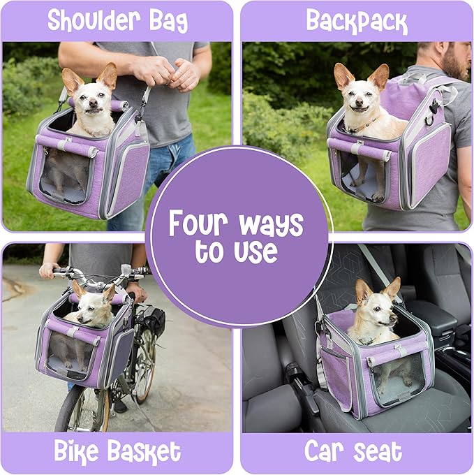 Dog Bike Basket, Mesh Windows, 2 Safety Leashes, Soft Sided, Safe Comfortable Pet Carrier for Small Dogs, Cats (Purple)