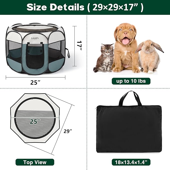 Love's cabin Pet Puppy Dog Playpen, Small Dog Tent Crates Cage Indoor/Outdoor, Portable Playpen for Cat, Foldable Pop Up Dog Kennel Playpen with Carring Case, Removable Zipper Top, Moss Green