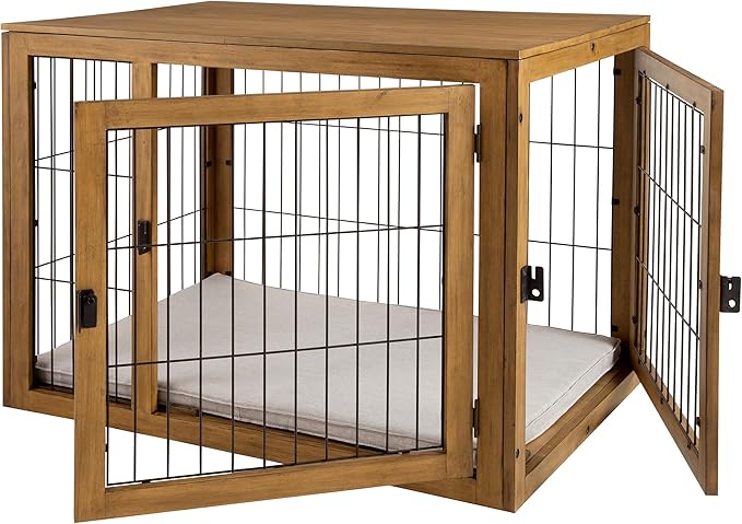 Furniture-Style Dog Crate - Acacia Wood Kennel for Medium Dogs with Double Doors and Cushion - Dog Cage Furniture by PETMAKER (Natural)