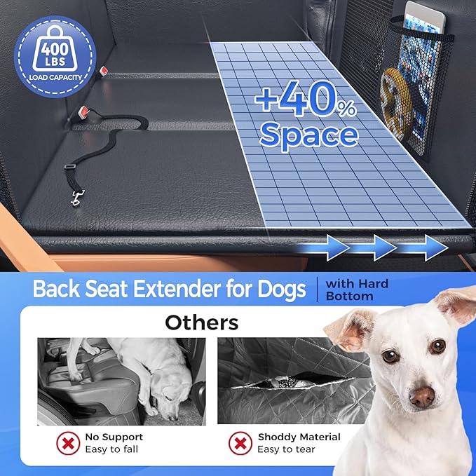 Back Seat Extender for Dogs - PU Leather Dog Car Seat Cover for Back Seat with Hard Bottom - 100% Waterproof, Scratch-Proof and Anti-Slip Dog Hammock for Cars and SUVs (Holds 400 lbs)