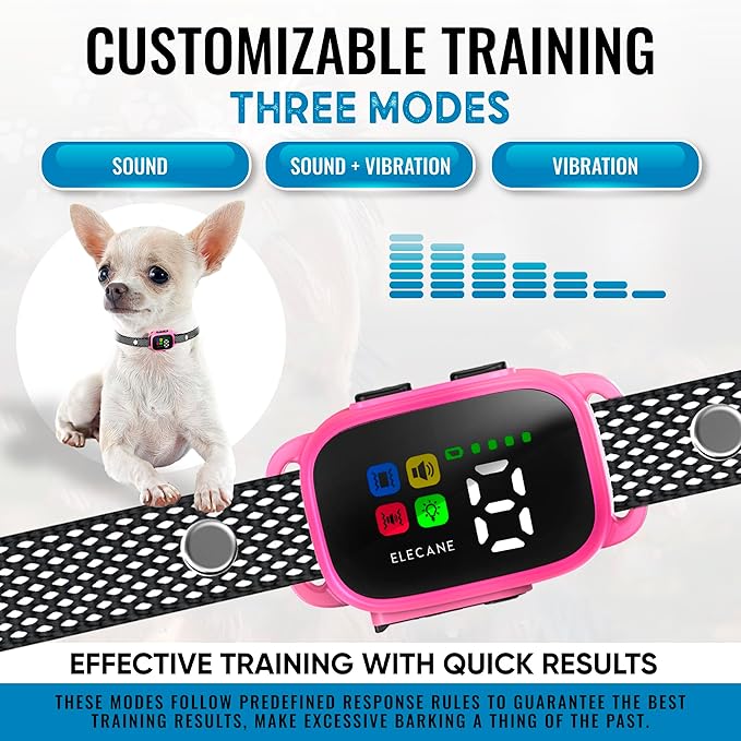 Tiny Bark Collar for Small Dogs 5-15 lbs and Puppies - No Shock Anti Barking Collar - Rechargeable Smart Collar for Dog Training with 7 Sensitivity Levels and 3 Beep&Vibration Modes (Pink)
