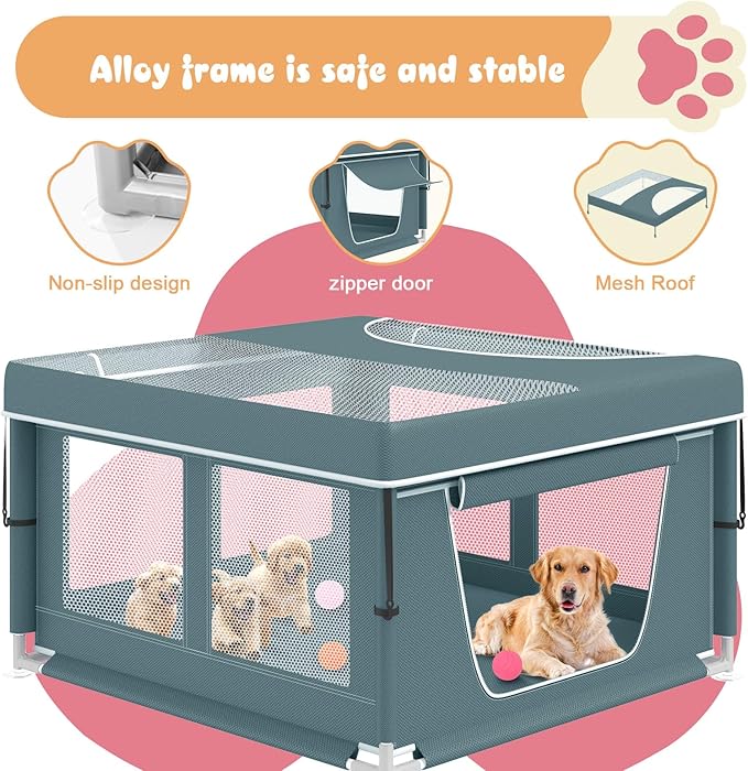 Puppy PlayPen 42 × 42 Inch, Dog Playpen with Gate for Puppies, Cat, Small and Medium Dogs, Pet PlayPen with Roof for Outdoors & Indoors, Thickened Fabric, Safe & Sturdy Dog Fence(Green)