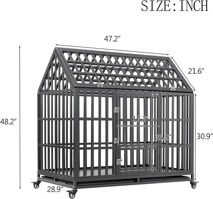 48" Metal Dog Cage with 4 Lockable Casters, Heavy Duty Inoor Dog Kennel with Doors and Roof for Large or Medium Dogs, Black