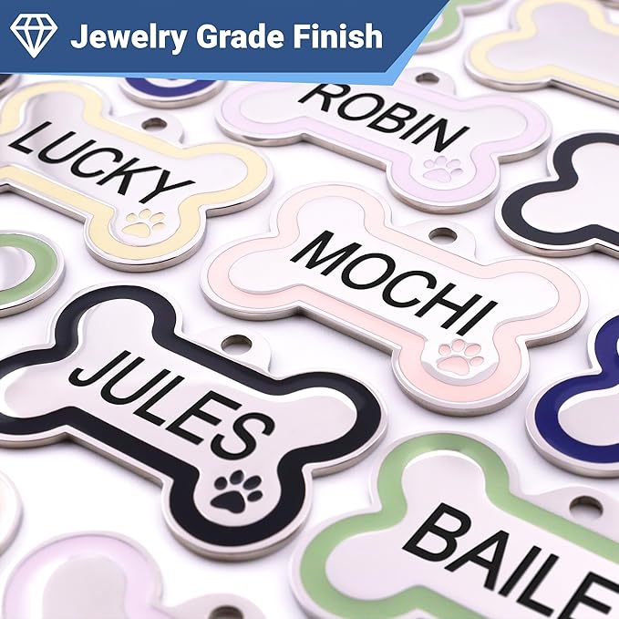 GoTags Stainless Steel Bone Dog Tag with Color Outline and Paw Print, Personalized Pet ID Tag for Dogs and Cats, Custom Engraving with up to 5 Lines of Text on Both Sides (Blue, Regular)