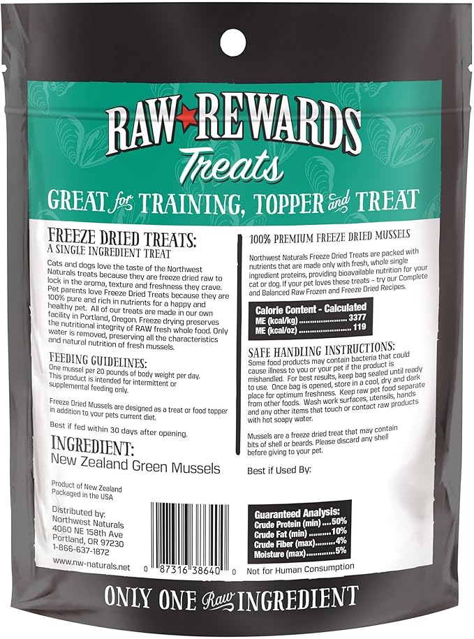 Northwest Naturals Raw Rewards Freeze-Dried Green Lipped Mussel Treats for Dogs and Cats - Bite-Sized Pieces - Healthy, 1 Ingredient, Human Grade, Natural - 2 Oz (Pack of 3)