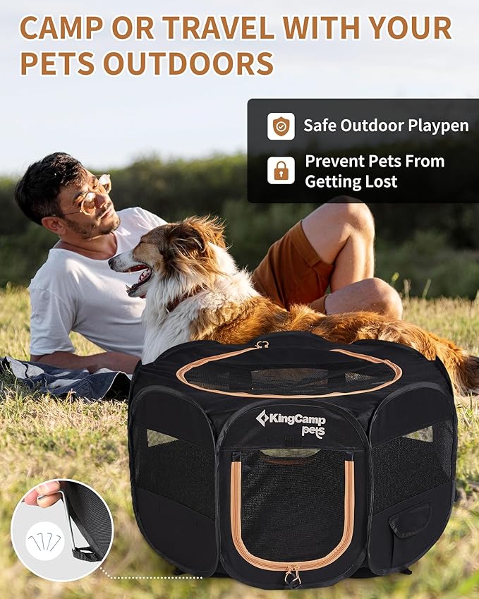 KingCamp Dog Playpen, Portable Foldable Cat Kitten Puppy Tent Crates 29"/36"/50" Pop Up Pet Playpen with Zippered Bottom & Cover for Indoor Outdoor Use (X-Large, Black)