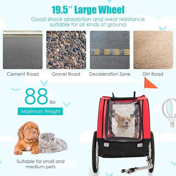 PETSITE Dog Bike Trailer, Dog Cart for Bicycle with 3 Breathable Mesh Entrances, Safety Flage, Easy Folding Pet Carrier with Quick Release Wheels, Pet Bike Trailer for Small & Medium Sized Dogs