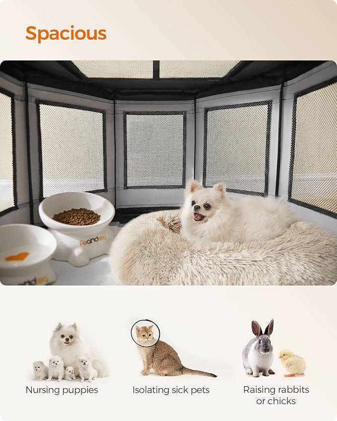 Feandrea Dog Playpen, Oxford Fabric Dog Fence, Octagon Dog Crate, M, 28.3 x 28.3 x 16.9 Inches, PVC Pipe Frame, Breathable Mesh, Double Openings, Dove Gray and Slate Gray UPDC002G01