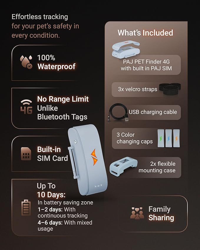 PAJ GPS Tracker for Dogs - 4G GPS Collar Tag with Real-Time Location Tracking & Runaway Alert - Waterproof & Up to 10 Days Battery Life - Fits Any Collar w/Glowing LEDs - Subscription Required - Grey