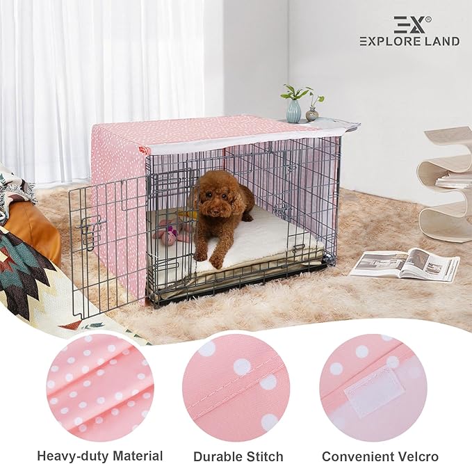 Explore Land Pattern Dog Crate Cover for 24 Inches Wire Cage, Heavy-Duty Polyester 1 2 3 Doors Standard Metal Pet Kennel Enclosure (Princess Pink)
