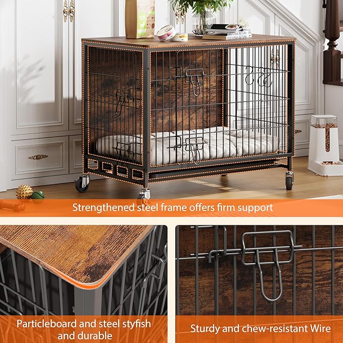 2024 Dog Crate Furniture, 38.6" Double-Doors Dogs Kennel Indoor with Removable Tray and Wheels, Wooden Dog Crates for Large Dogs, Large Dog Crate, Decorative Dog Cage End Table, Rustic Brown