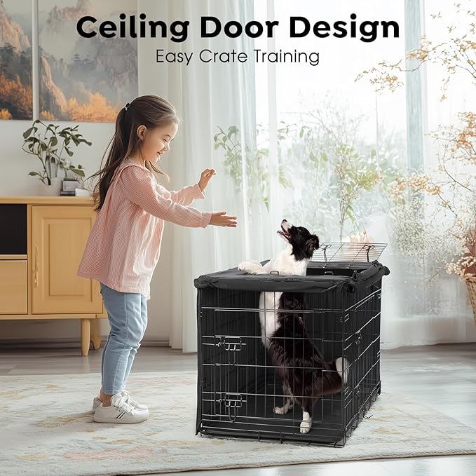 Veehoo 36 inch Dog Crate for Large Dogs with Three Doors & Cover-Metal Wire Dog Cage Kennels & Houses for Puppy&Cat, Indoor Outdoor Collapsible Metal Contour Dog Crate Kennels Kit with Removable Tray