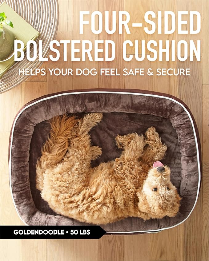 OhGeni Orthopedic Dog Bed for Extra Large Dogs, Dog Couch Design with Egg Foam Support, Removable, Machine Washable Plush Cover and Non-Slip Bottom with Four Sided Bolster Cushion (Brown)