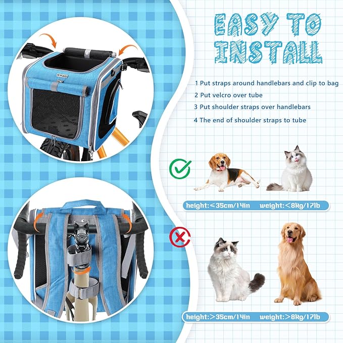 Dog Bike Basket, Foldable Pet Carrier, Adjustable Shoulder Strap Backpack, Portable Breathable Basket Bag for Dogs and Cats
