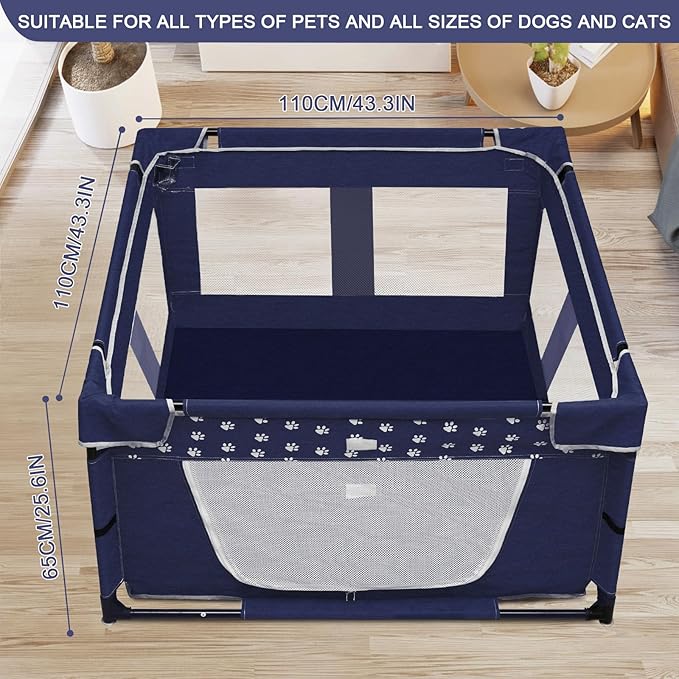 Puppy Playpen, 43.3x43.3 Inch Large Dog Play Pen for Small Pets Cats with Zipper Gate Dog Fence, Thickened Oxford Fabric Dog Playpen Indoor & Outdoor