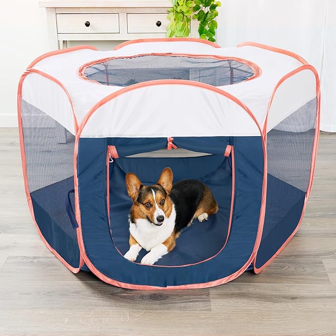 Furhaven Pop Up Playpen Pet Tent Playground - Navy, Large