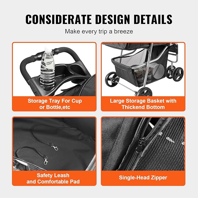 VEVOR Pet Stroller for Dogs and Cats up to 35lbs, 3 Wheels Folding Dog Cat Stroller for Medium Small Dogs, Portable Lightweigh Puppy Doggy Doggie Jogging Stroller with Storage Basket and Cup Holder