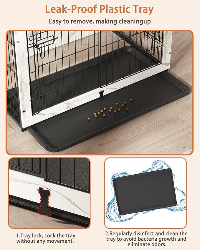 Megidok Wooden Dog Crate Furniture with Cushion, Dog Crate End Table with Tray, Double Doors Dog Crate Furniture Style, Decorative Dog Kennels Indoor for Small to Medium Dog-Marble White, 32*22*26.5