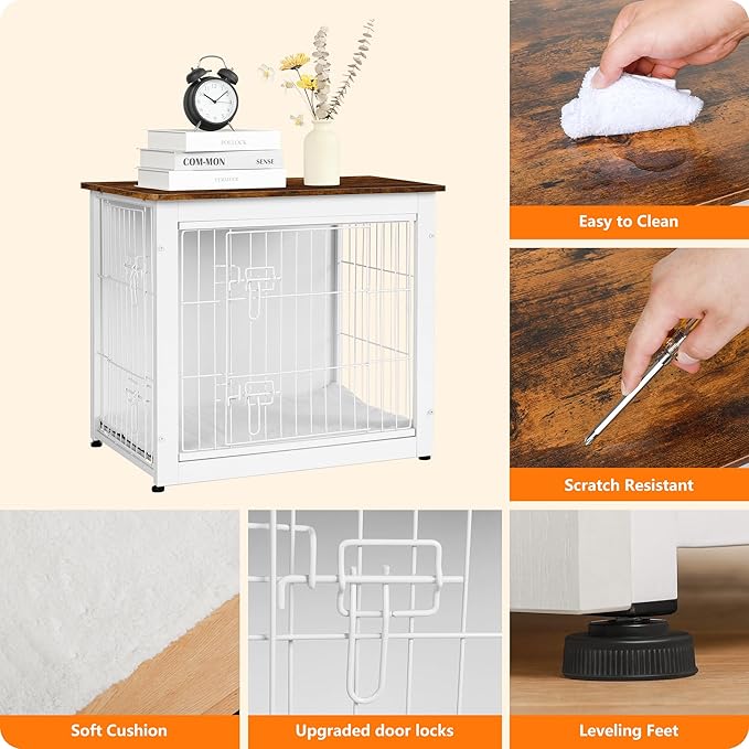 DWANTON Dog Crate Furniture with Cushion, Wooden Dog Crate with Double Doors, Dog Furniture, Dog Kennel Indoor for Small Dog,End Table, 27.2" L, White+Rustic Brown