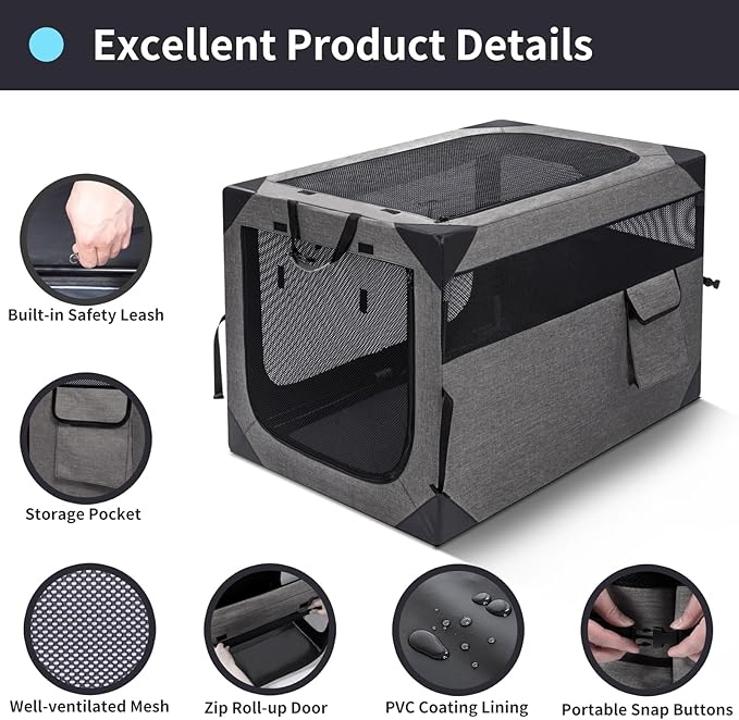 30 Inch Portable Travel Dog Crate, 3 Door Collapsible Soft Pet Kennel with Durable Mesh Windows for Medium Dogs, Foldable Dog Cage with Storage Pocket for Outdoor (Dark Grey)