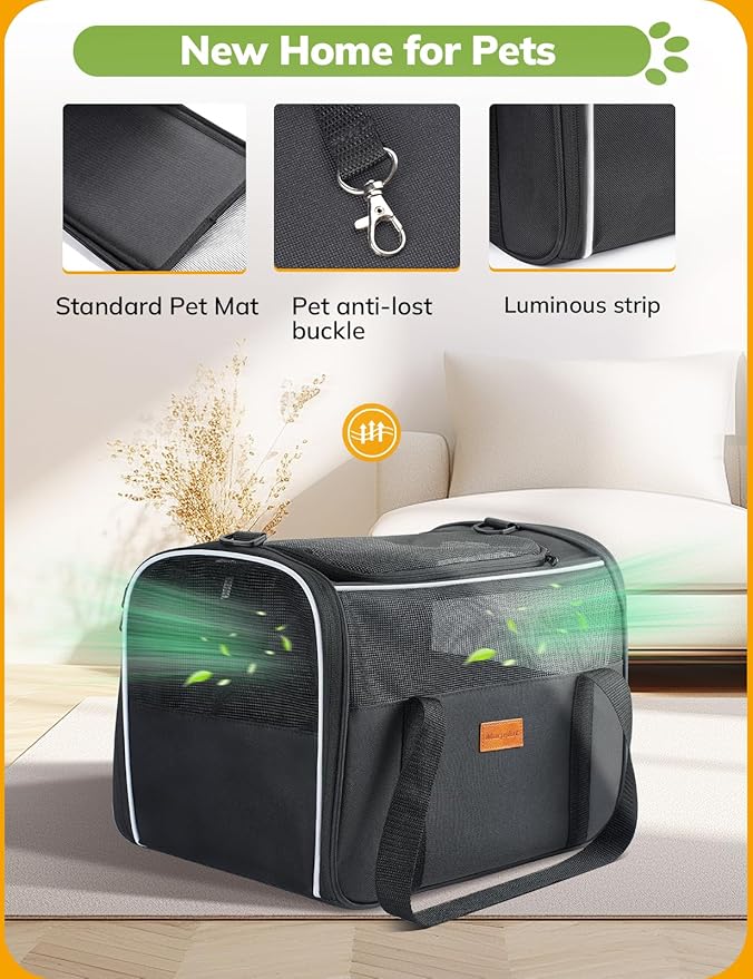 Morpilot Cat Carrier Soft - Portable Pet Carrier for Small or Medium Cats, Dogs and Puppy up to 14lbs, Airline Approved Dog Carrier with Safety Buckle - 16.0 x 10.4 x 11.2 Inch (Dark Gray)