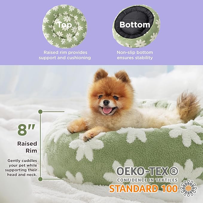 Lesure Donut Small Dog Bed - Round Cat Beds for Indoor Cats Calming Pet Beds, Cute Modern Beds with Jacquard Shaggy Plush & Anti Slip Bottom, 23 Inch, Green
