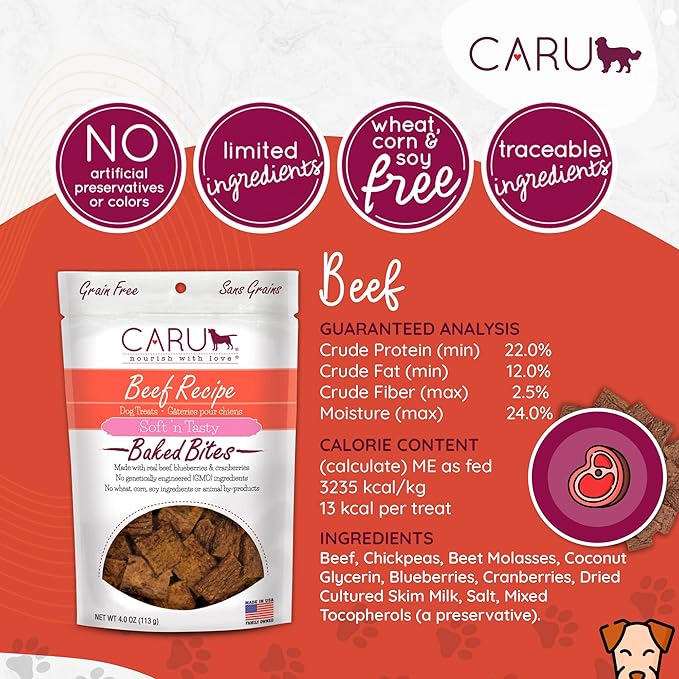 Caru - Soft n’ Tasty Baked Bites - Beef Bites Dog Treats - Flavorful Training Treats - 4 oz Bags - Pack of 3