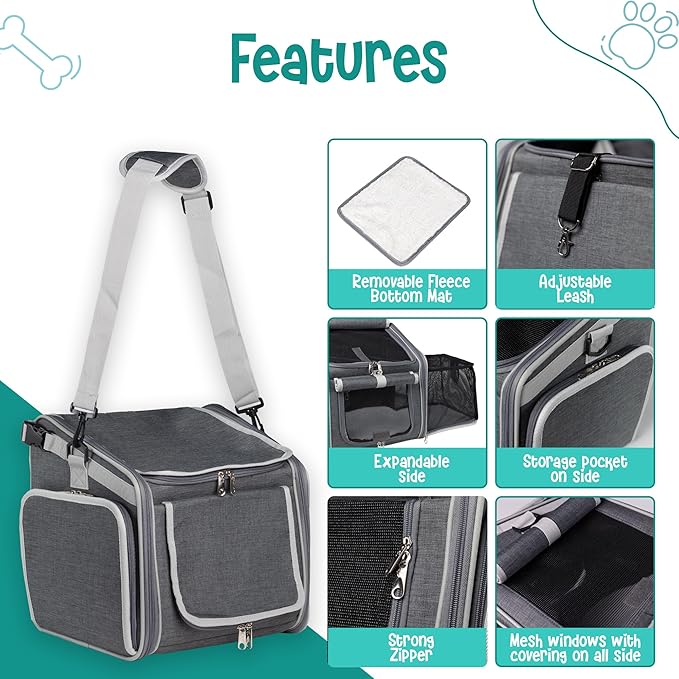 Dog Bike Basket, Mesh Windows, 2 Safety Leashes, Soft Sided, Safe Comfortable Pet Carrier for Small Dogs, Cats (Grey)
