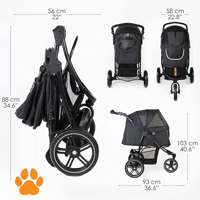 COOPER dog & pet robust buggy, jogger holds up to 32 kg / 70lbs, easy fold, multi-height adjustable soft touch handle, reflective accents, mesh inserts, zippered exits, storage basket below
