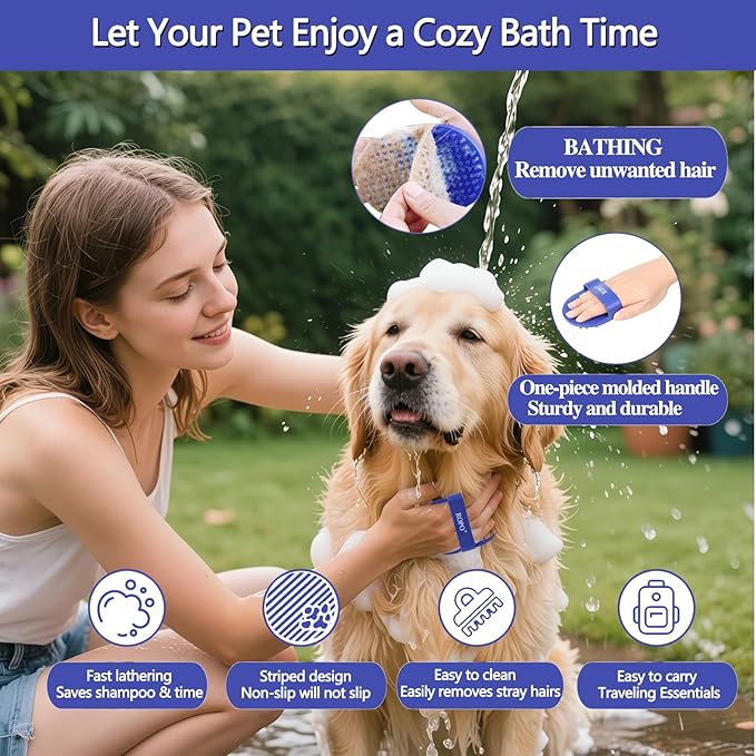 Dog bath brush, ROPO rubber massage dog shampoo brush, used for pet grooming, removing shedding fur, combing tangles and dead fur, suitable for pet dogs and cats (blue)