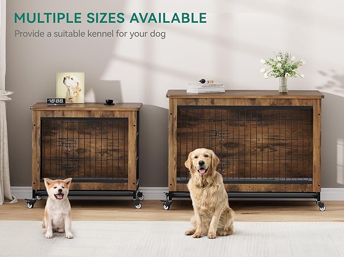 YITAHOME Dog Crate Furniture with Cushion, Dog Kennel Indoor with Wheels, 27" Dog Cage with Double Doors for Small Dog (Rustic Brown)