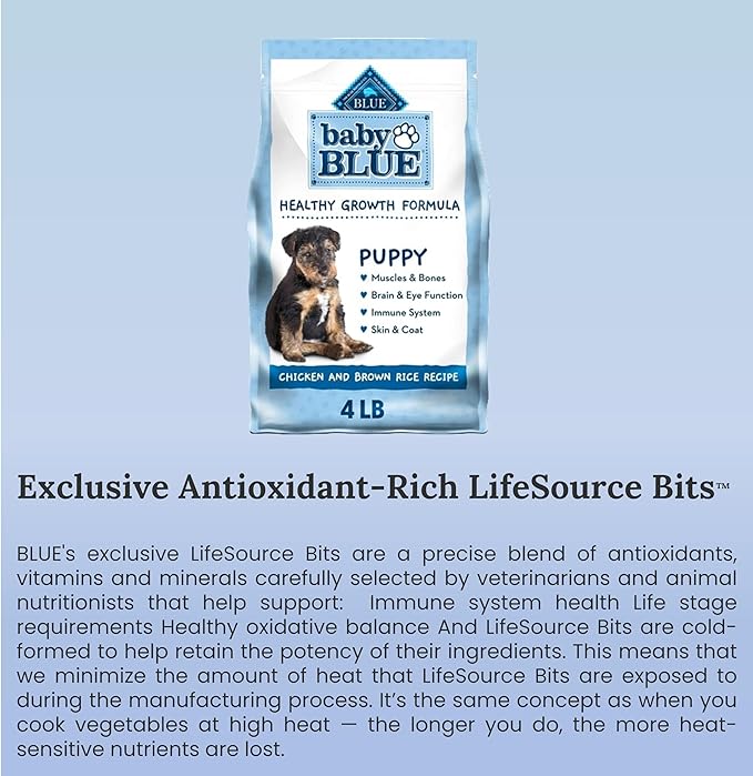 Baby Blue Puppy Food Bundle, Includes 01 Bag(4 LB) Baby Blue Healthy Growth Formula with Chicken and Brown Rice,01 Carrot Dog Toys and 01 Booklet About Pet Nutrition.
