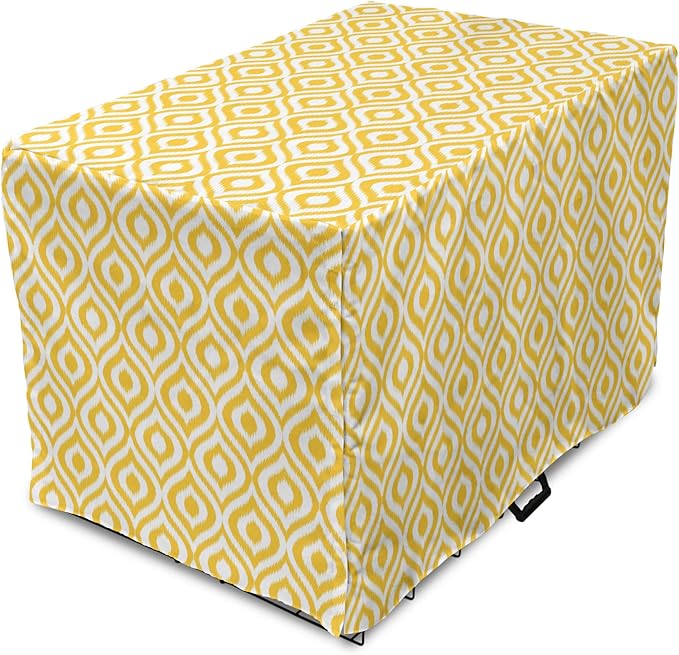 Lunarable Yellow Dog Crate Cover, Geometric Pattern with Ogee Shapes Waves and Curves Design Modern Boho Print, Easy to Use Pet Kennel Cover for Small Dogs Puppies Kittens, 18 Inch, Yellow and White
