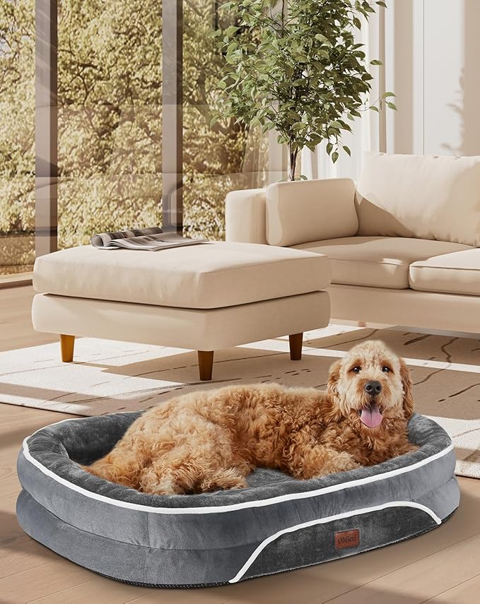 OhGeni Orthopedic Dog Bed for Extra Large Dogs, Dog Couch Design with Egg Foam Support, Removable, Machine Washable Plush Cover and Non-Slip Bottom with Four Sided Bolster Cushion (Gray)