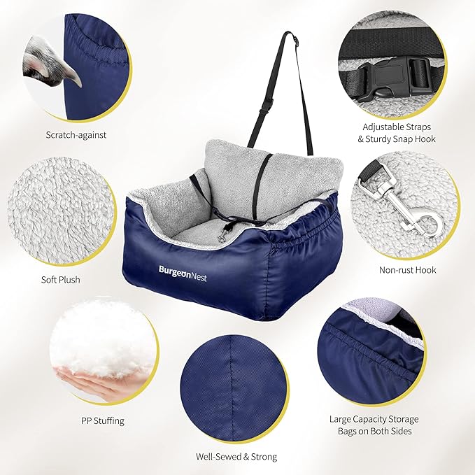 BurgeonNest Dog Car Seat for Small Dogs, Fully Detachable and Washable Dog Carseats Small Under 25, Soft Dog Booster Seats with Storage Pockets and Clip-On Leash Portable Dog Car Travel Carrier Bed