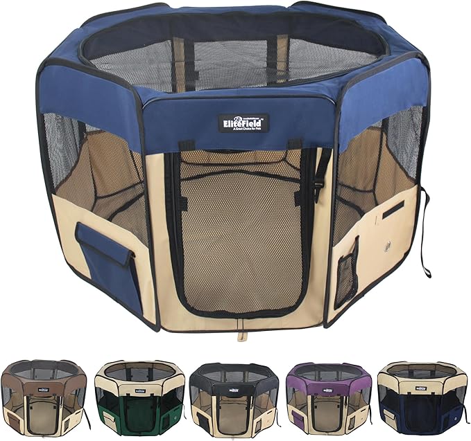 EliteField 2-Door Soft Pet Playpen (2 Year Warranty), Exercise Pen, Multiple Sizes and Colors Available for Dogs, Cats and Other Pets (62" x 62" x 36"H, Navy Blue+Beige)