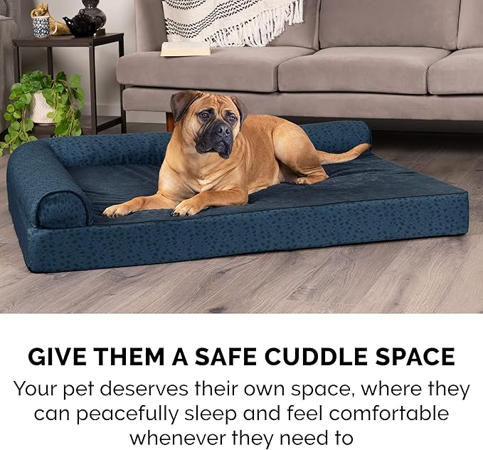 Furhaven Orthopedic Dog Bed for Large Dogs w/ Removable Bolsters & Washable Cover, For Dogs Up to 95 lbs - Plush & Almond Print L Shaped Chaise - Blue Almonds, Jumbo/XL