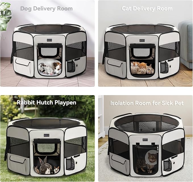Petsfit 36" Dog Playpen with Dual Zipper Doors –Sturdy Foldable Puppy Playpen for Medium Dogs with Removable Mesh Top and Leakproof Bottom
