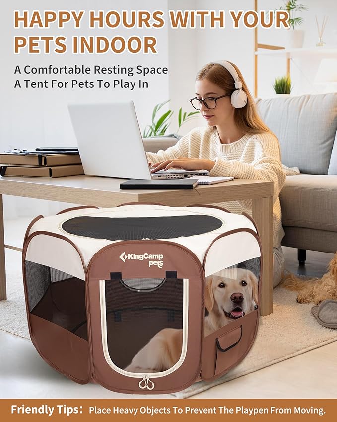 KingCamp Dog Playpen, Portable Foldable Cat Kitten Puppy Tent Crates 29"/36"/50" Pop Up Pet Playpen with Zippered Bottom & Cover for Indoor Outdoor Use (Medium, Khaki)