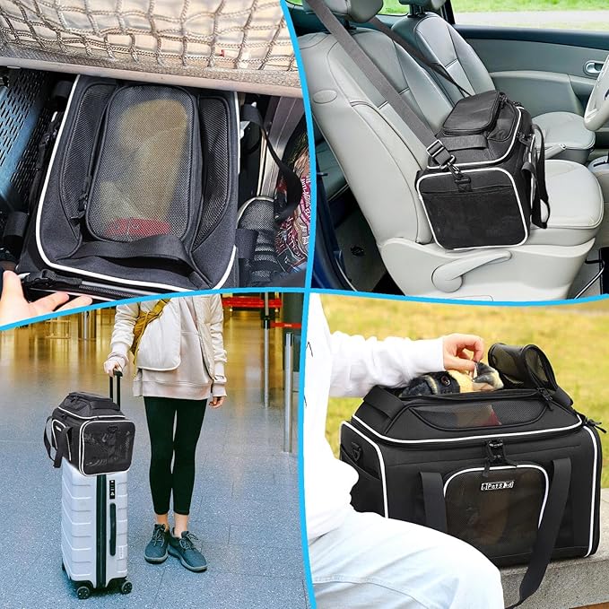 Petskd Top-Expandable Pet Carrier 18x13x9.5 Inches Southwest Allegiant Airline Approved, Soft-Sided Carrier for Small Cats and Dogs with Locking Safety Zippers and Anti-Scratch Mesh(Black)