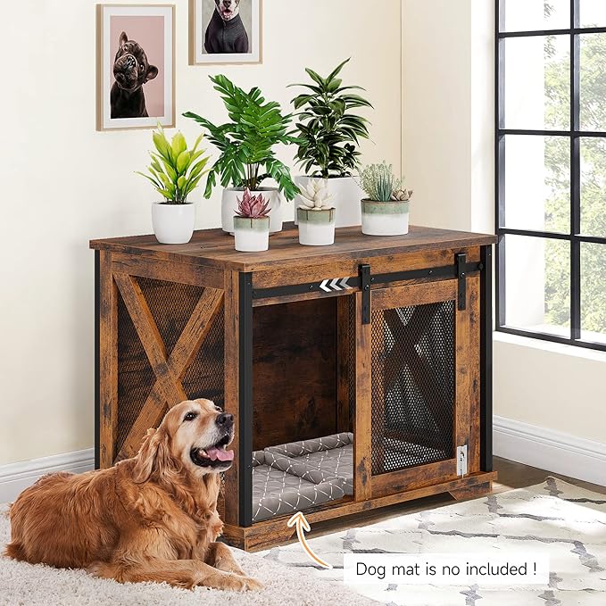 GAOMON Sliding Doors Dog Crate Furniture,Indoor Wooden Dog Crate Furniture with End Table and Flip-top Plate,Detachable Divider for Dog Kennel,Dog House, Rustic Brown