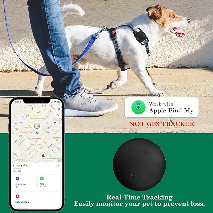 Dog Tracker, Pet Location Tracker with Collar Holder for Dogs, Item Finder MFi Certificated Tracking Device, No Monthly Fee, Waterproof, iOS Only, Work with Apple Find My (Black)