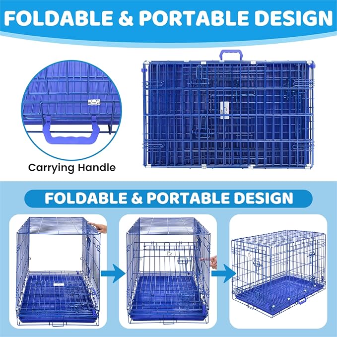 Homey Pet Medium Dog Crate, 30 Inch Dog Cage for Small Dogs, Collapsible Nano-Coating Metal Wire Small Dog Kennel Indoor with Removable Grid Tray, Double Doors, GOLD30+Blue Bundle